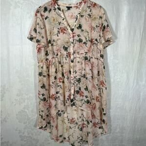Torrid Tunic 2 2X Pink Green Floral Sheer Hi Lo Peplum Cottagecore Babydoll